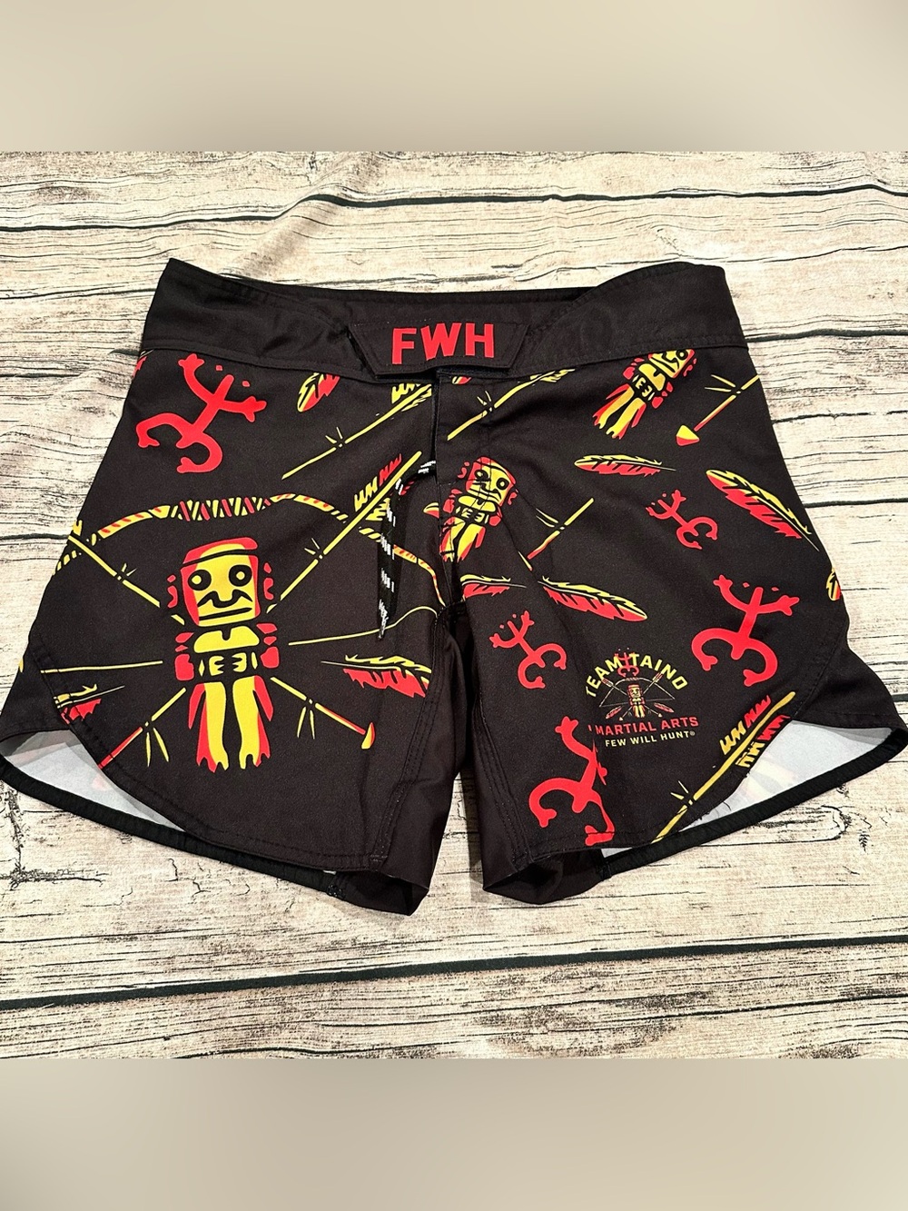 FWH Black Martial Arts Fight Shorts with Red & Yellow Totem Graphics